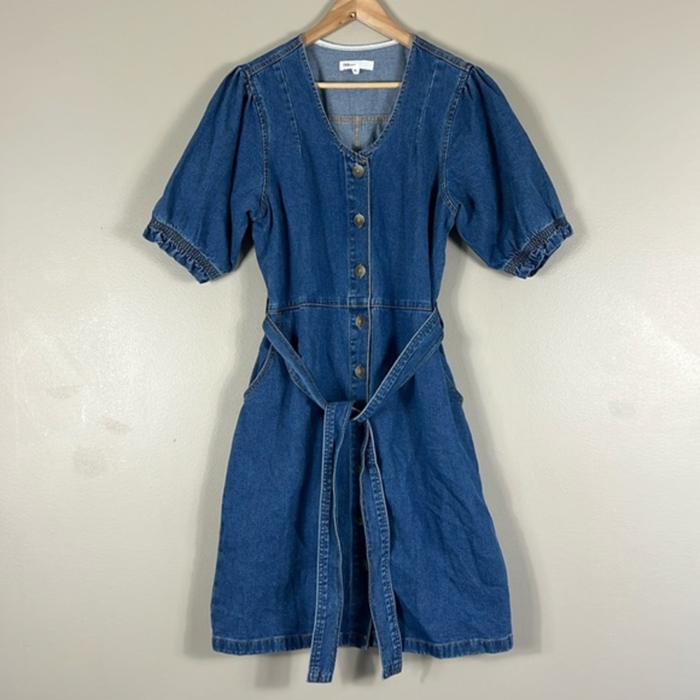 Denim Midi Dress with Puff Sleeves